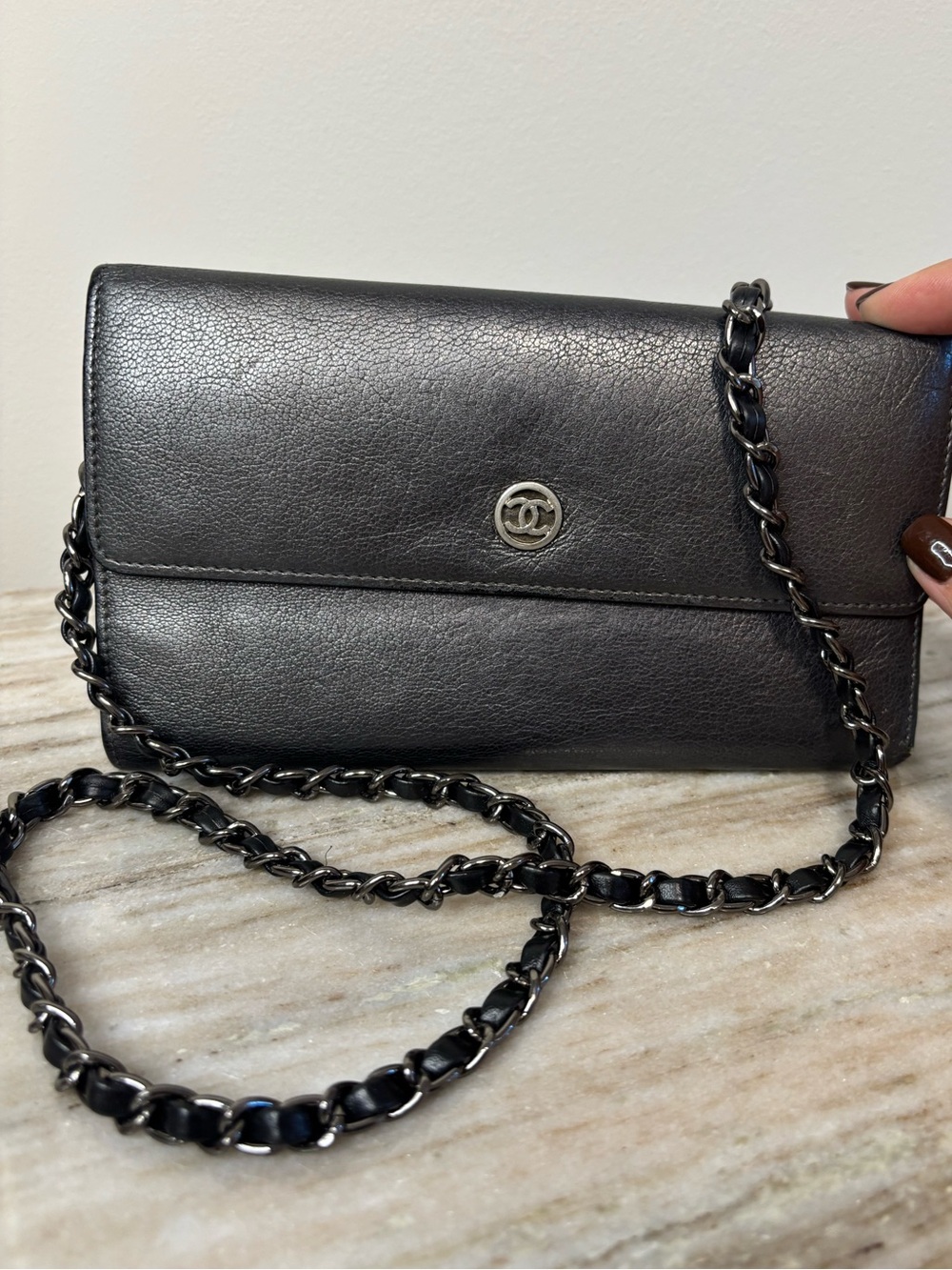 Chanel Black Leather CC Wallet Clutch Gunmetal Chain Included